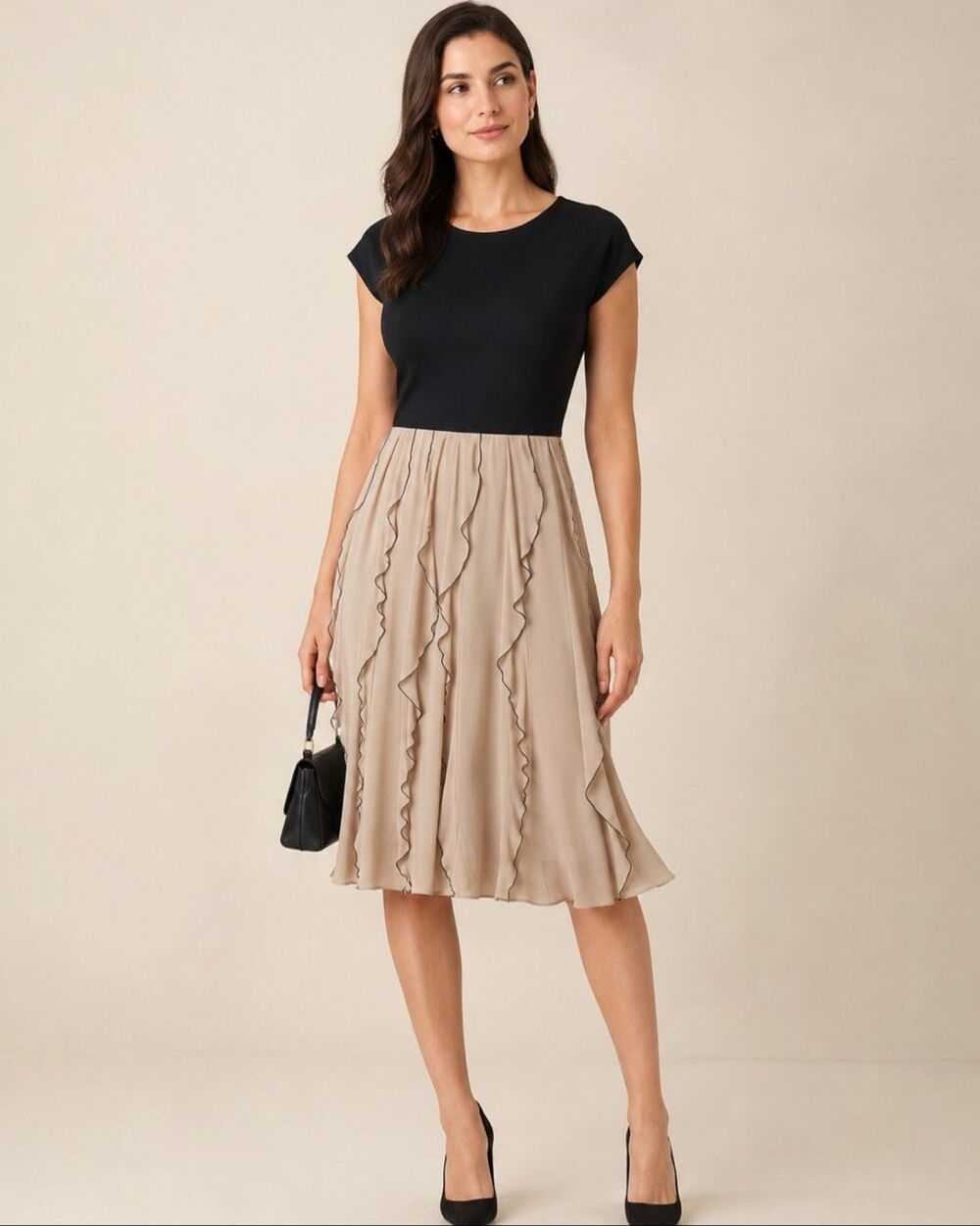 Max Mara Studio Black Beige Cascade Ruffle Cocktail Midi Dress M